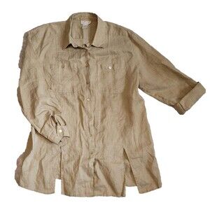 Jordan Blouse Women 16W Brown Linen Pockets Adjustable Sleeves Office Travel